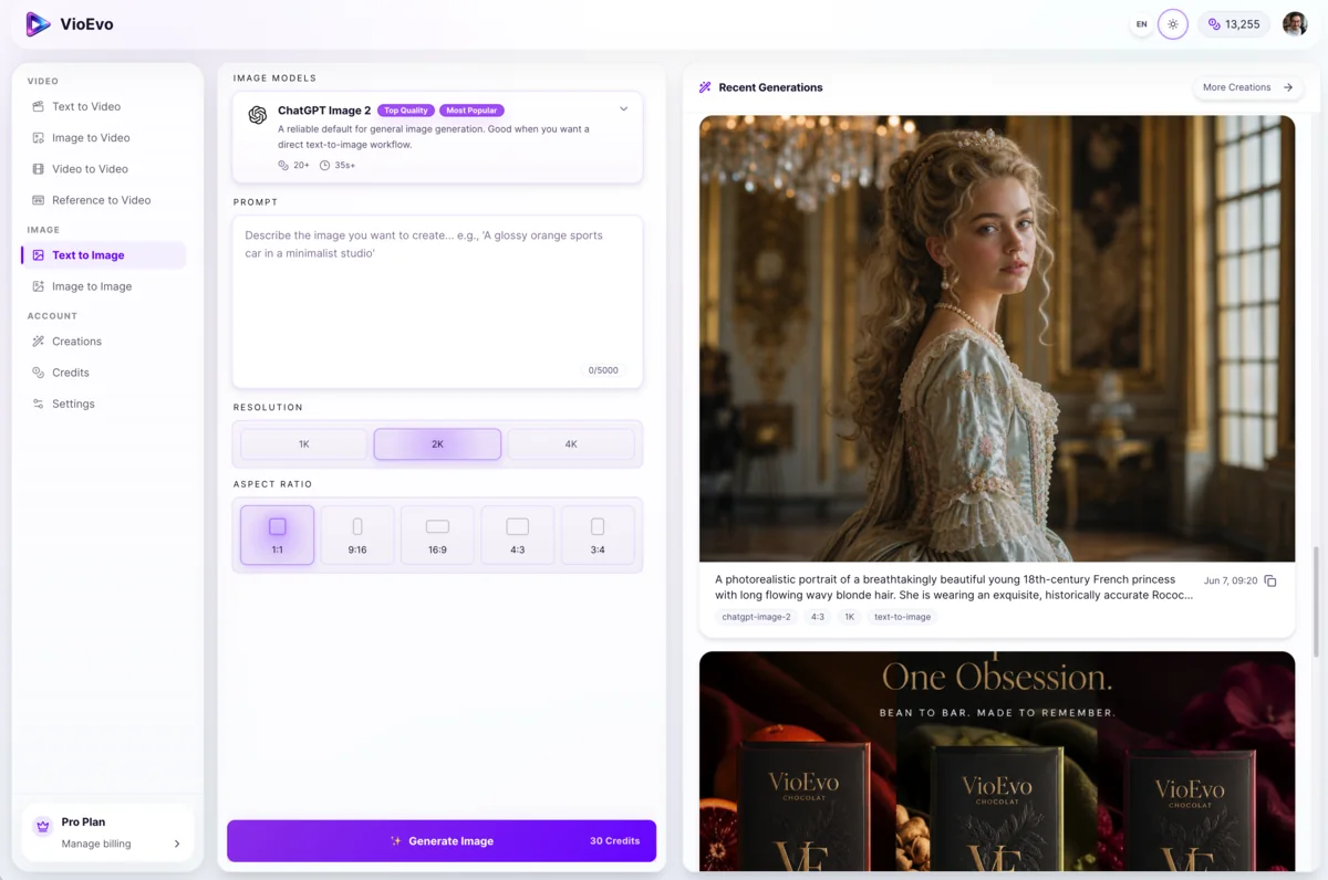 VioEvo AI Video & Image Generator Interface